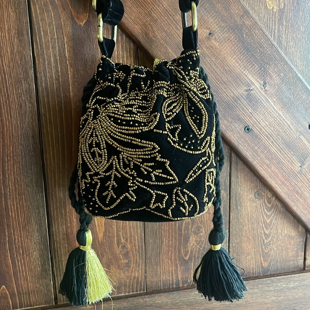Gold beaded black velvet handbag